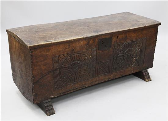 An early 18th century Sussex oak six plank coffer, W.4ft